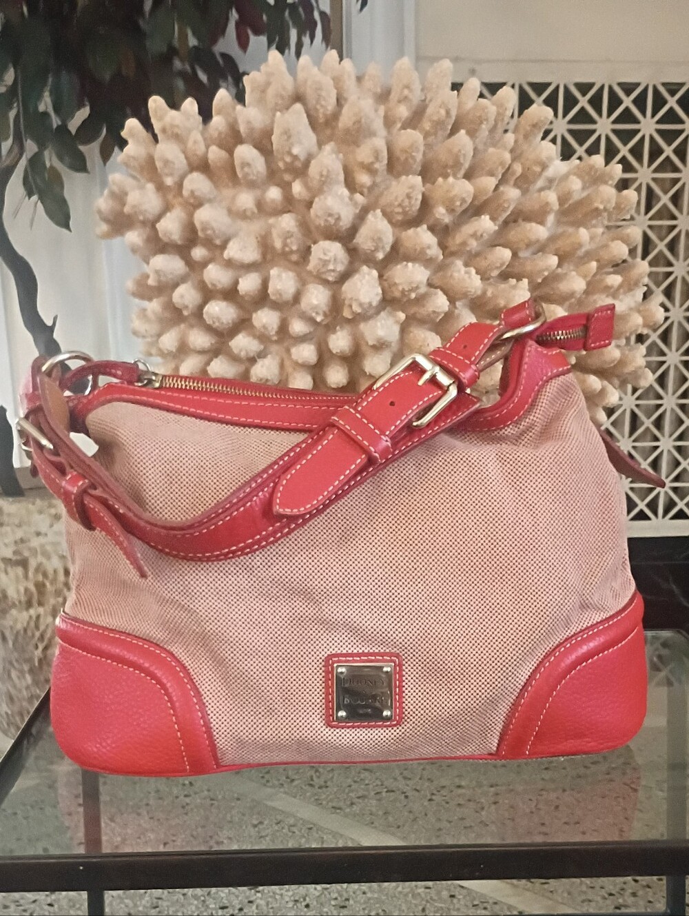 Dooney & Bourke Beige Canvas Shoulder Bag with Red Trim